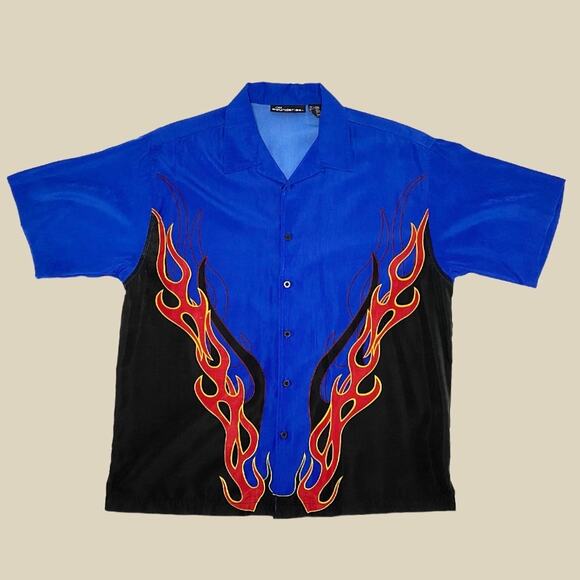 🔥 Vintage Y2K No Boundaries Flames Button Shirt Sz L - Picture 1 of 9